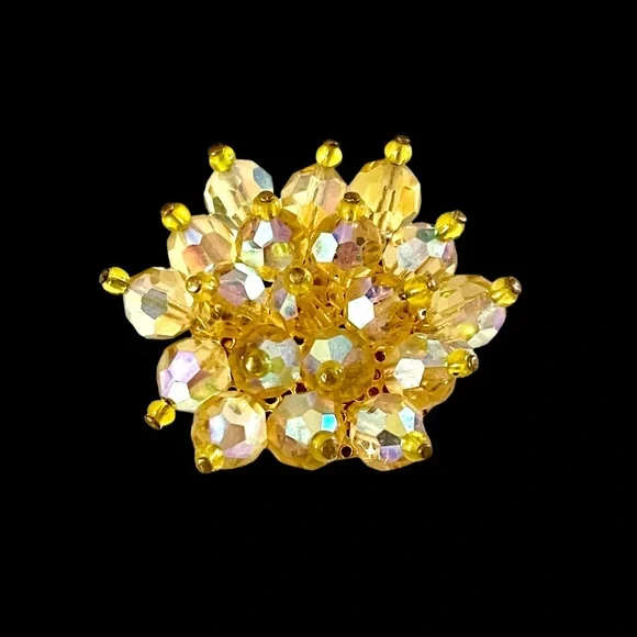 RELISTED Vintage Lemon Yellow Faceted Rhinestone and Brass Flower Brooch - Picture 1 of 14